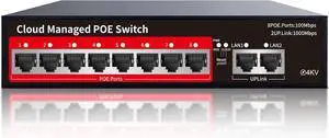 STEAMEMO PoE+ Switch, 8 Port Managed PoE Ethernet Switch(8 POE Ports +2 Uplink),120W Built-in Power, Support VLAN, QoS, Fanless Metal, Plug & Play (Desktop/Wall Mount)