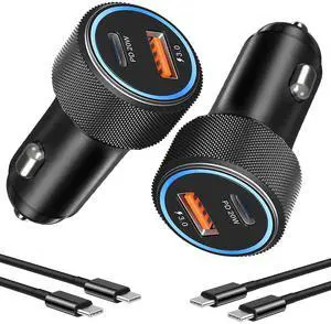iphone 16 Car Charger Fast Charging, 2-Pack 38W PD/QC3.0 Car Phone Charger Adapter Cigarette Lighter USB Charger with 6FT USB C to USB C Cable for for iPhone 16 15 Pro Max/Galaxy/Pixel/iPad Pro(Black)