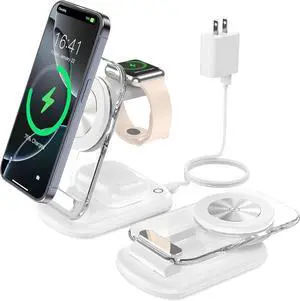 3 in 1 Magnetic Wireless Charging Station for Apple Devices, Fast Foldable Travel Mag-Safe Charger Stand with Night Light for iPhone 16 15 14 13 12 Series, Apple Watch/AirPods Pro
