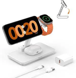 Wireless Charger for Mag-Safe Charging Station: JoyGeek 3 in 1 Magnetic Travel Stand Charge for iPhone 16 15 14 13 12 Pro Max Plus - Apple Watch 10 9 8 7 6 5 4 3 2 SE - AirPods Pro 2/3/4(White)