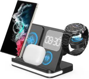 4 in 1 Wireless Charger with Alarm Clock Compatible for Galaxy Watch 8/7/Ultra/FE/6 Pro Galaxy S25/Ultra/S25+/S24/S23/Note 20/Z Flip 7/6/5 Fold 6 Galaxy Buds 3/2/Pro Multiple Devices Charging Station