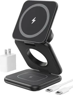 Foldable Magnetic Wireless Charger, KU XIU X40 Aluminum Alloy 3 in 1 Charging Station for Apple, Fast Charging Travel Charger for iPhone 16 15 14 13 12 Series, 5W for Apple Watch Ultra, AirPods, Black