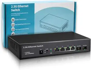 STEAMEMO 2.5G Switch, 6 Port Multi-Gig Unmanaged Ethernet Hub, 4X 2.5GbE RJ45, 2X 10G SFP+, 60Gbps - for Gaming, NAS, 4K Streaming - Plug & Play, One-Key VLAN, Silent
