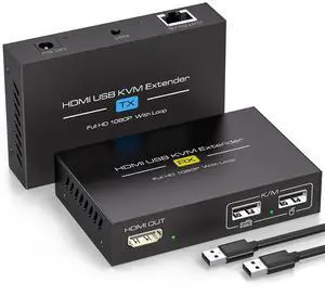 HDMI KVM USB Extender Over Cat5e/6/7 Ethernet 1080P Up to 394ft/120m with Loop Out HDMI and USB Extender for Remote Control of Monitor and Keyboard Mouse