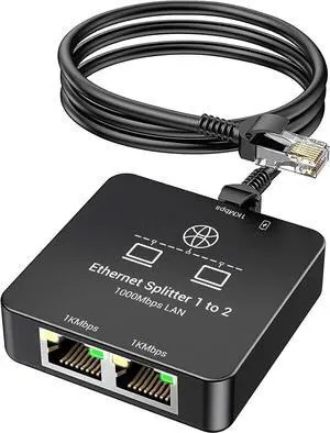 Ethernet Splitter 1 to 2 Ethernet Cable Splitter Internet Switch 2 Port Network Gigabit LAN RJ45 1000Mbps 1 in 2 Out Compatible with Cat 8 7 6 5 5e, Router PC Laptop Printer PS5 PS4 TV Box