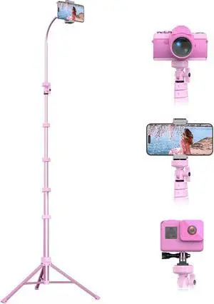 UBeesize 88 Flexible Phone Tripod with 14.95 Gooseneck, Remote and Phone Holder, Overhead Cell Phone StandSelfie Stick for Video Recording, Compatible with iPhone Android Phone, Camera Pink