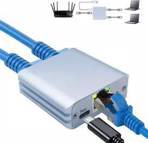 RJ45 Ethernet Splitter Adapter, USB to RJ45 Network Cable High Speed 1000Mbps 8P8C Extender Plug LAN Interface 1 to 2 Dual Port Ethernet Socket Connector for Cat5,Cat5e,Cat6,Cat7 (Silver)