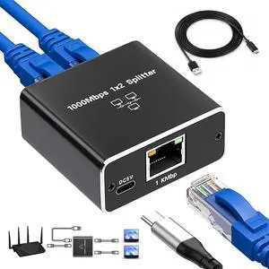 Ethernet Splitter 1000 Mbps High Speed, RJ45 Internet Cable Splitter 1 to 2 - Cat6 Extended Connector Compatible with Cat5/5e/6/7/8 Cable