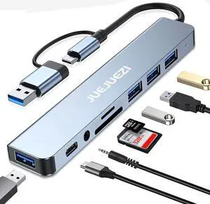 JUEJUEZI USB Hub 3.0 Multiport Adapter 8 Port, Aluminum USB & USB C Hub 3.0 Expander Splitter 8 in 1 Fast Date Transfer, Audio and TF/SD Ports, for MacBook Pro/Air, Pad Pro/Phones 15 pro/Laptop