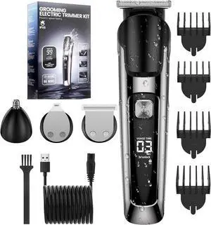 Beard Trimmer for Men - 5 in 1 Kit Electric Razor, Nose Hair Trimmer with LED Display, Cordless Mustache Body Face Grooming Kit, Waterproof Rechargeable Beard Shaver