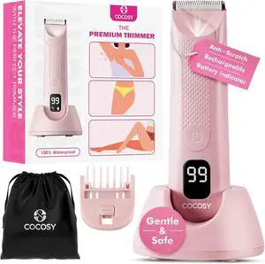 Bikini Trimmer - Pubic Hair Trimmer for Women, Ceramic Blade, Waterproof Electric Shaver for Women with Standing Recharge Dock & Travel Pouch, Female Hygiene Razor
