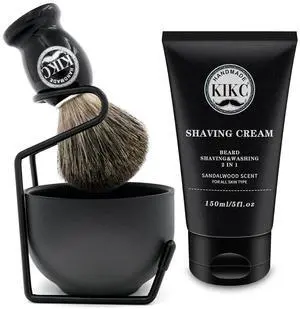 5 in 1 Shaving Kit for Wet Shave, Set Includes Hand Crafted Pure Badger Shave Brush, Stainless Steel Lathering Soap Bowl, Shave Brush Stand, Shaving Cream, Best Gift for Bearded Man, Deluxe Black