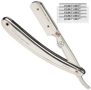 Parker SR1 Stainless Steel Straight Edge Barber Razor  Professional Shavette for Barbers & Home Use with 5 Premium Platinum Half Blades  Replaceable Blade Straight Razor for Close, Smooth Shaves