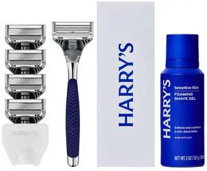 Harry's Original Shaving Kit for Men - Razor Handle, 5 Razor Blade Refills, Foaming Shave Gel, Travel Blade Cover - German Engineered - Chrome Edition