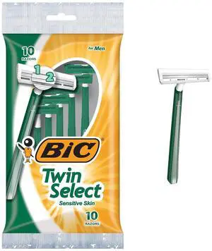 BIC Twin Select Disposable Razors; 2 Blades For a Smooth and Comfortable Shave; Sensitive Skin; Green Handle; 10 Piece Razor Set