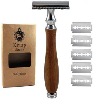 (4.5 Inch) Long Wood Handle Safety Razor for Men Women - Double Edge Manual Razor - Fits All Double Edge Razor Blade - Comes With 5 Shaving Blades, Brown