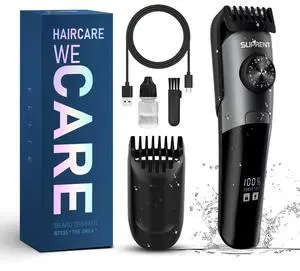 SUPRENT Beard Trimmer for Men Waterproof, IPX7 Professional Mustache Trimmer, 39 Built-in Adjustable Precise Lengths, Cordless USB C Rechargeable & LED Display