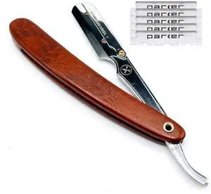 Parker SRRW Professional Shavette Razor - Rosewood Handle, Stainless Steel Arm & Clip Lock System for Secure Blade Fit, 5 Blades Included