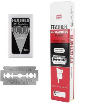 Feather Double Edge Safety Razor Blades - (50 Count) - Platinum Coated Hi-Stainless Steel Razor Blades - Fits Most Safety Razors - Super Sharp for Close Shaves - Made in Japan