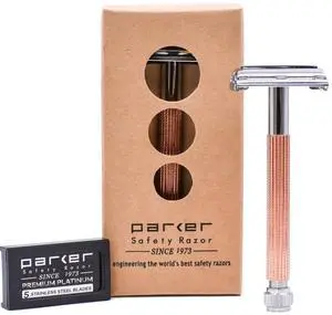 Parker 29L Rose Gold, Long Handle Butterfly Open Double Edge Safety Razor for Men & Women, 5 Parker Premium Platinum Double Edge Razor Blades Included