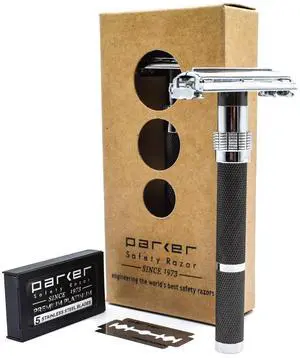 Parker, 96R Graphite Gray Long Handle Butterfly Open Double Edge Safety Razor for Men, 5 Parker Premium Platinum Double Edge Razor Blades Included