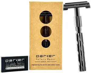 Parker 22R Gunmetal Finish Long-Handle Butterfly Safety Razor for Men  Premium Brass Construction, Close Smooth Shave + 5 Razor Blades Included
