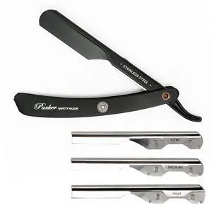 Parker PTABK Adjustable Stainless-Steel Barber Razor | 3 Blade Exposures (Low/Medium/High) | Straight Shavette with 5 Premium Parker Platinum Blades | Black Stainless Steel Handle