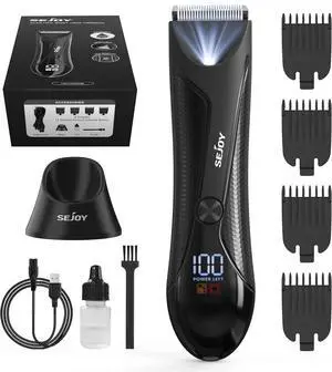 Body/Public Hair Trimmer for Men, Electric Groin Hair Shaver USB Rechargeable, Waterproof Beard Trimmer with LED Light, Standing Charging Dock
