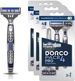 DORCO Pace Pro 4 Disposable Razors, 9 pack - Long Lasting 4 Blade Technology with a Precision Trimmer, Safety Guard Bar, Pivoting Head and Non-Slip Rubber Handle (9 Razors)