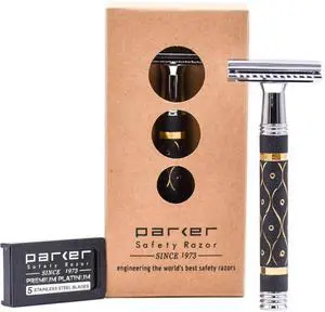 Parker 65R Super Heavyweight DoubleEdge Safety Razor  SandstoneTextured Brass Handle for Precise Grip & Control, 4" Long Handle  Includes 5 Premium DE Blades