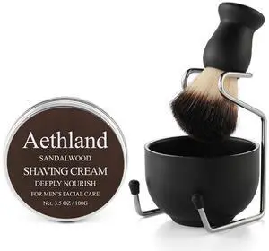Aethland Shaving Brush Set for Men Fathers Day Gift, Include 100g Shaving soap, Hair Shaving Brush with Solid Wood Handle, and Dia 3.1 inches Stainless Steel Shaving Bowl, Shaving Stand Wet Shaving