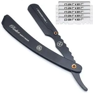 Parker SRXBLK Professional Stainless Steel ClipStyle Barber Razor  HeavyDuty Black Finish with 5 Refill Blades, Ergonomic Weight for Barbers & Straight Razor Shaving Enthusiasts