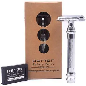 Parker 98R Heavyweight 3-Piece Double Edge Safety Razor  Long Handle, Closed Comb Design for Smooth Wet Shaving, Includes 5 Razor Blades  Iconic Brand in Traditional Shaving