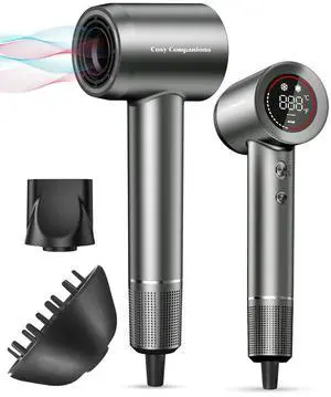 Hair Dryer - Negative Ionic Blow Dryer with 150000 RPM High Speed Brushless Motor for Fast Drying, Low Noise, HD Display Hair Dryer with Diffuser and Nozzle, 5 Temps & 2 Speeds