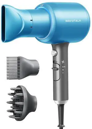 Wavytalk Hair Dryer with Diffuser, Blown Away Ionic Hair Dryer for Curly Hair with Comb, 1875W Fast Drying Blow Dryer with Ceramic Technology, 3 Attachments for All Hair Types, Light and Quiet, Blue