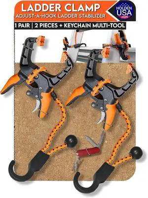 Holden USA - Ladder Clamp - Stabilizer Clip  Secure Safety Clamp for Roof, Gutters, and Wall Prep  Durable Support Cord for Roofing and Gutter Tasks (Pair / 2 Units)
