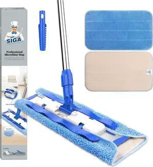 MR.SIGA Professional Microfiber Mop for Hardwood, Laminate, Tile Floor Cleaning, Stainless Steel Telescopic Handle - 3 Reusable Flat Mop Refills and 1 Dirt Removal Scrubber Included