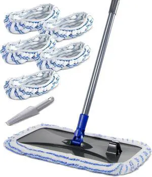 Masthome Extra Large Microfiber Mop for Floor Cleaning, 16 Flat Mop with 5 Pad for Wet & Dry Use, Dust Mop for Hardwood Laminate Tile Ceramic, 1 Cleaning Scraper Included-Blue