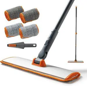 Microfiber Mop Floor Dust Mop with Extendable Long Handle, Flat Mop with 4 Reusable Pads and 1 Dirt Removal Scrubber, Suitable for Home Kitchen Bathroom Living Room Cleaning