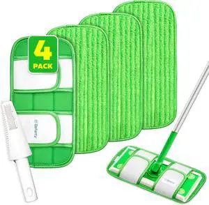 4 Pack Reusable Microfiber Mop Pads, Compatible with Swiffer Sweeper, Machine Washable Cloths, Scraper Included, Refills for All Floor Cleaning, Hook and Loop, Wet Dry - 10"- 12"