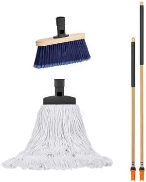 SWOPT Premium Multi-Surface Angle Broom, Cotton Mop + 48 & 60" EVA Foam Comfort Grip Wooden Handles, Combo  Cleaning Heads with Long Handles Interchangeable with All SWOPT Cleaning Products