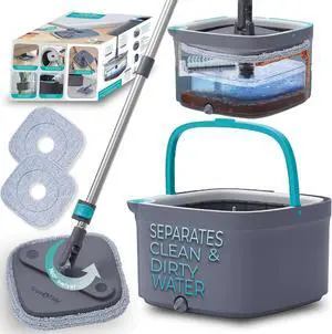True & Tidy True Clean Spin Mop & Bucket System  Dual Compartment Design for Clean & Dirty Water, 360° Swivel Mop Head, Built-in Scrubbing Brush, Stainless Steel Handle & 2 Reusable Microfiber Pads