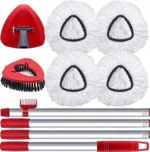 Spin Mop Head and Brush Replacement Compatible with O Cedar EasyWring 1-Tank System, 4 Mop Replace Heads, 1 Handle, 1 Base and 1 Scrub Brush Combo Set