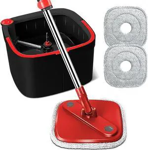 KZKR Spin Square Mop and Bucket Set with 2 Replaceable Microfiber Pads and Self Separation Dirty and Clean Water System, Self Wringing 360° Rotating Mops Head for Home Floors Cleaning