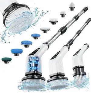 Leebein Electric Spin Scrubber, Cordless Cleaning Brush with 8 Replaceable Brush Heads, Tub and Floor Tile 360 Power Scrubber Dual Speed with Adjustable & Detachable Handle for Bathroom Kitchen Car