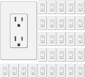 BESTTEN 30 Pack 15 Amp Decorator Receptacle Outlet, Standard Electrical Wall Outlet, Decor Screwless Wallplate Included, 15A/125V/1875W, Residential and Commercial Use, UL Listed, White