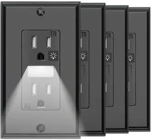 SOZULAMP Black Wall Outlet with Night Light,Electrical Tamper Resistant Receptacle,15 Amp 125Volt,Receptacle Built-in Nightlight, Receptacle Outlet with Wallplate(4Pack,Glossy Black)