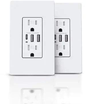 6.0A USB Charger Wall Outlet, USB Receptacle with Type C & A Ports, 15A Duplex Tamper Resistant Outlets, Screwless Wall Plate Include, UL & FCC Listed, White, 2 Pack