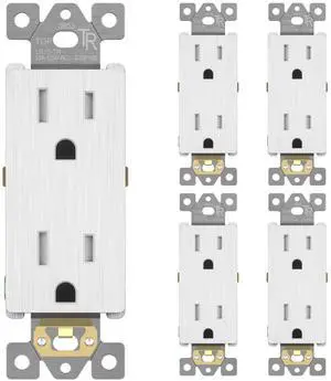 LIDER Brushed Finish Decorator Receptacle, Child Safe Tamper-Resistant Wall Outlet, Residential Grade, Self-Grounding, 15A 125V, UL Listed, Brushed White, 5 Pack