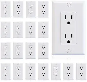 ELEGRP Glossy White Decorator Receptacle, 15A 125V Standard Electrical Wall Outlet, 2 Pole 3 Wire, Non-Tamper Resistant, NEMA 5-15R, Self-Grounding Residential Grade, w/Wall Plate, UL, 20 Pack